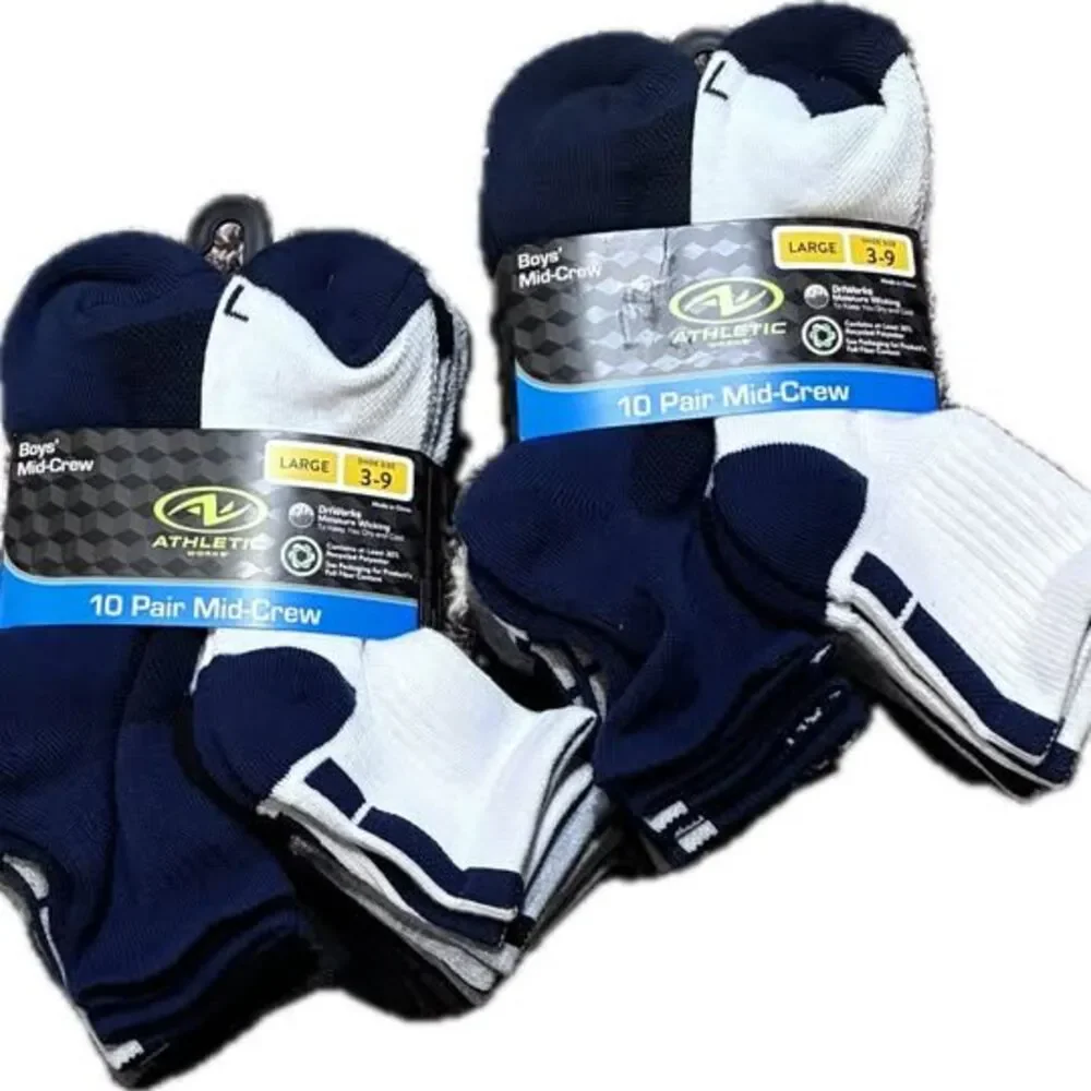 Athletic Works Boys Mid-Crew Socks- Two 10 Pair Packs - Large Shoe Size 3-9